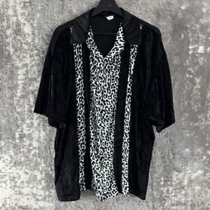 Hoax Size XL Vintage Zebra Velvet Casual Button Shirt Black White Short Sleeve